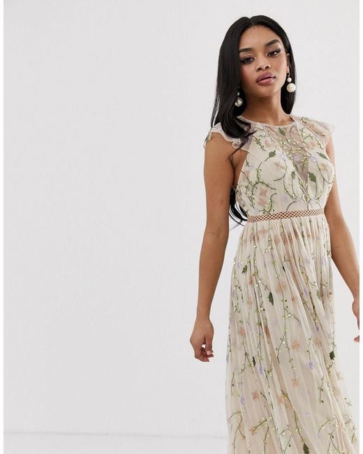 asos design pretty embroidered floral and sequin mesh maxi dress