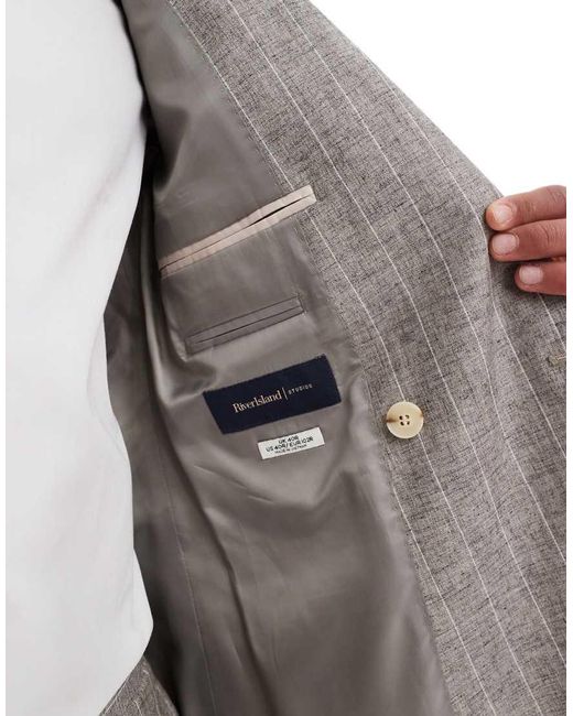 River Island Gray Double Breasted Slim Linen Suit Jacket for men