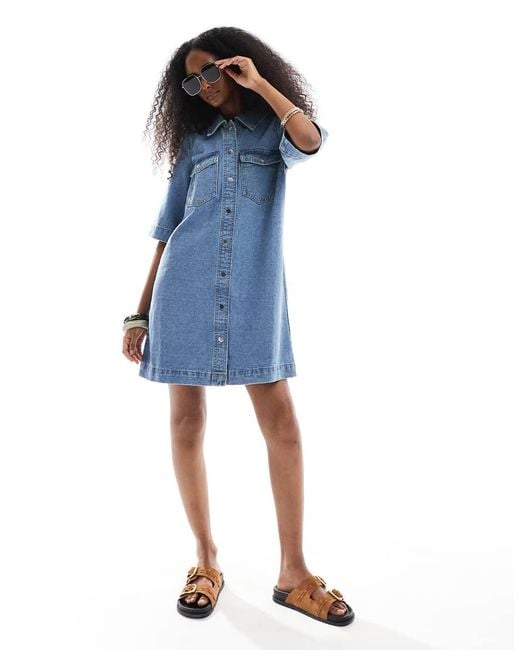 Vero Moda Blue Oversized Button Front Short Sleeve Denim Dress