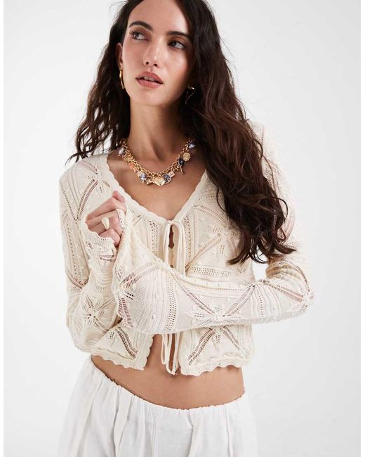 Vero Moda Natural Tie Front Patterned Crochet Cardigan
