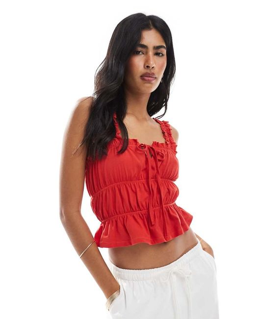 Miss Selfridge Gesmokte Top Met Gestrikte Voorkant in het Red