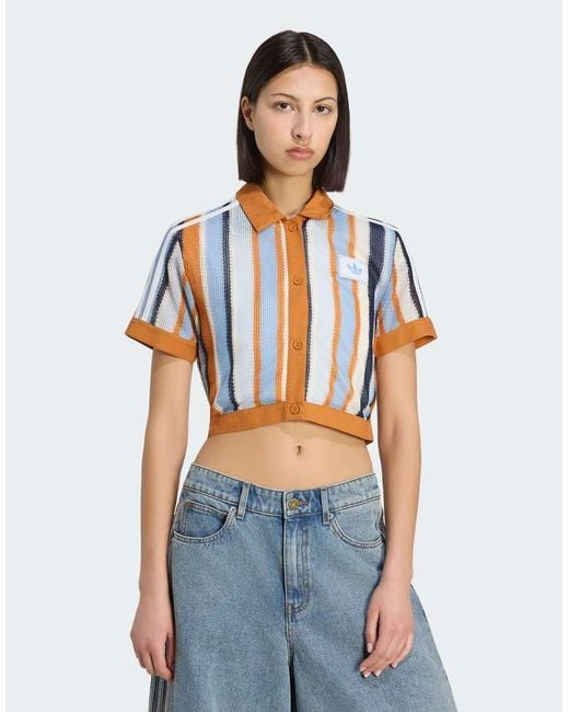 Adidas Originals Blue Summer Glow Striped Cropped Polo