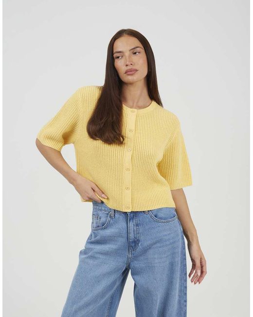 Brave Soul Yellow Short Sleeve Crew Neck Fisherman Knit Cardigan