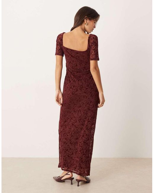 ASOS Red Lace Devore Puff Sleeve Midi Tea Dress