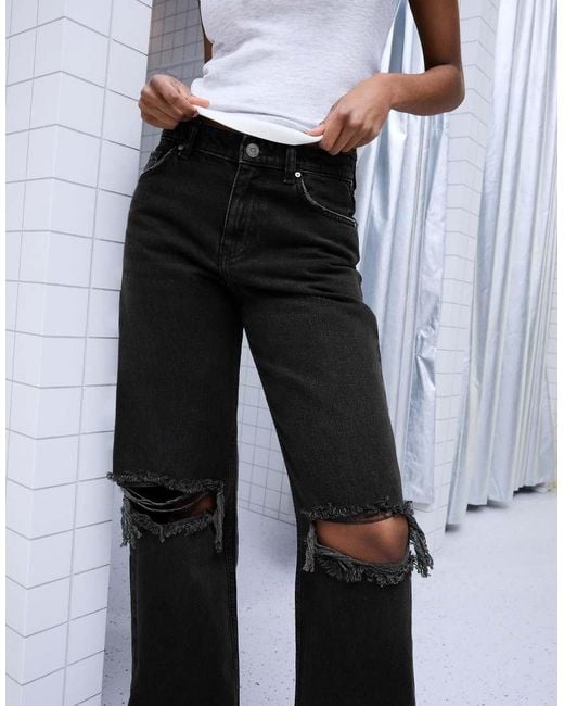 Bershka Blue High-Waist Wide-Leg Ripped Jeans