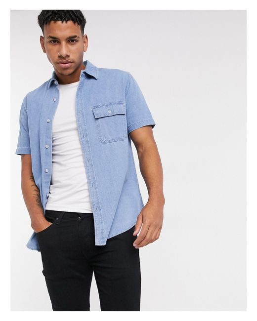 TOPMAN Short Sleeve Denim Shirt in Blue 