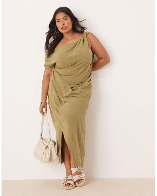Asos design curve - robe mi-longue en lin avec épaule torsadée tombante et jupe croisée - kaki ASOS en coloris Natural