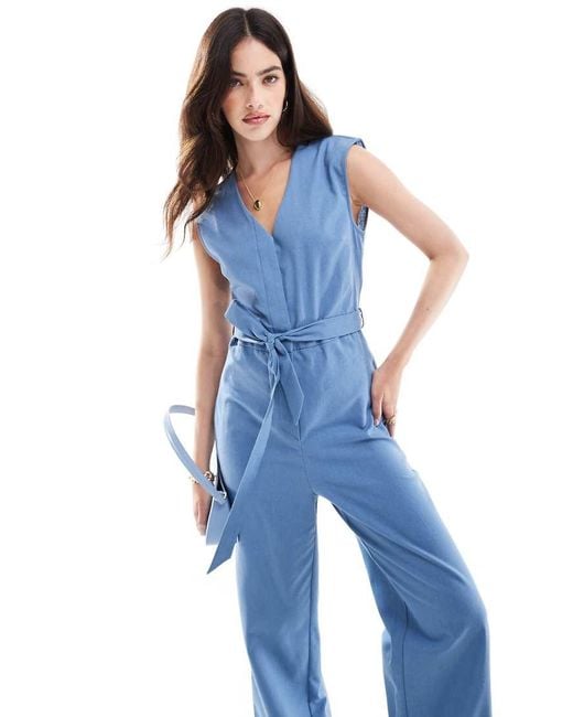 ASOS Blue Sleeveless Linen Look Jumpsuit With Waisted Belt