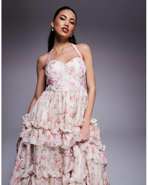 ASOS Gray Jacquard Halter Ruffle Midi Dress