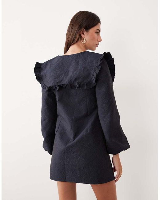 Ghospell Blue Inola Oversized Collar Balloon Sleeve Mini Dress