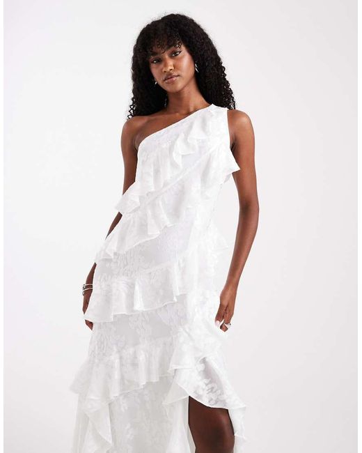 Six Stories White Bridal Asymmetric Ruffle Lace Maxi Dress