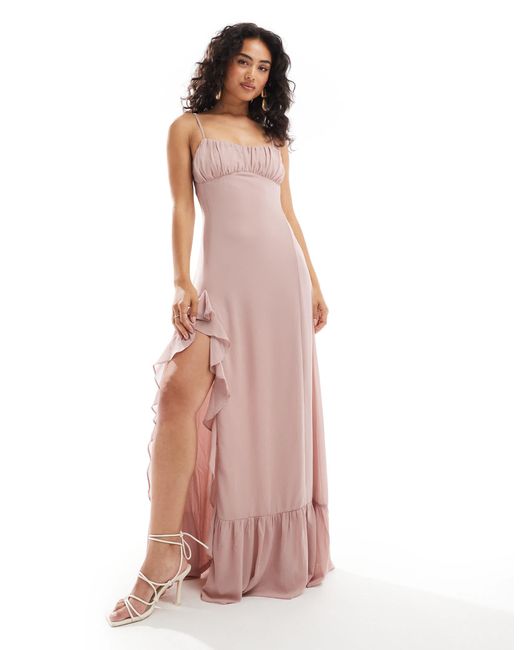 TFNC London Pink Bridesmaids Chiffon Cami Maxi Dress With Split And Frill Detail