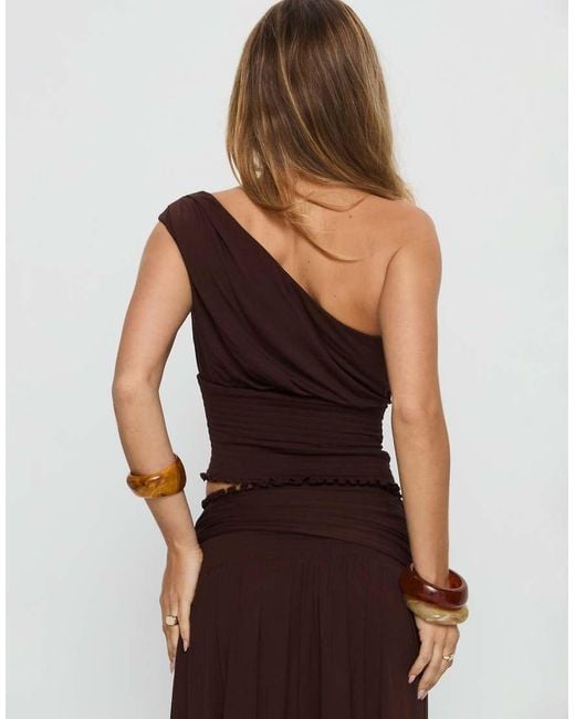 Princess Polly Brown Full Orbit Asymmetric Shoulder Shirred Fitted Waist Top
