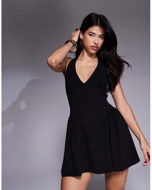ASOS Black Halter Neck Corset Detail Mini Dress With Godets