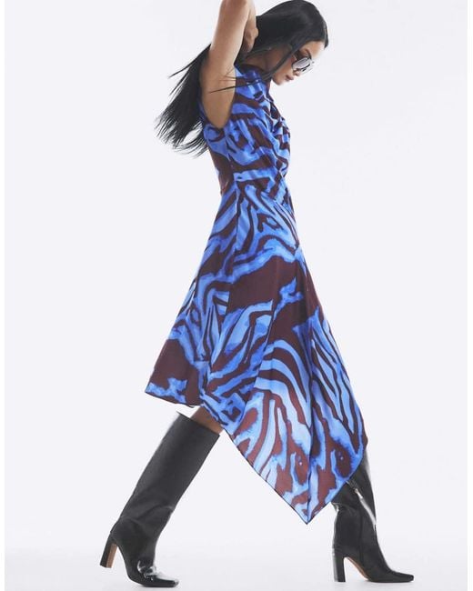 River Island Blue Satin Zebra Print Midi Dress