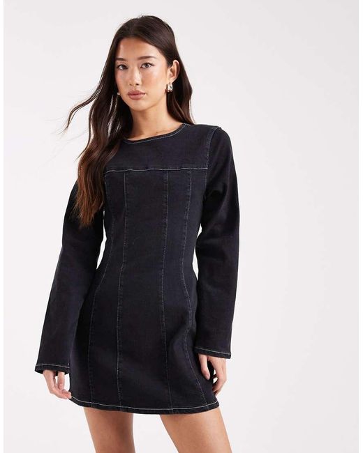 ASOS Black Cinched Waist Structured Denim Mini Dress With Long Sleeve