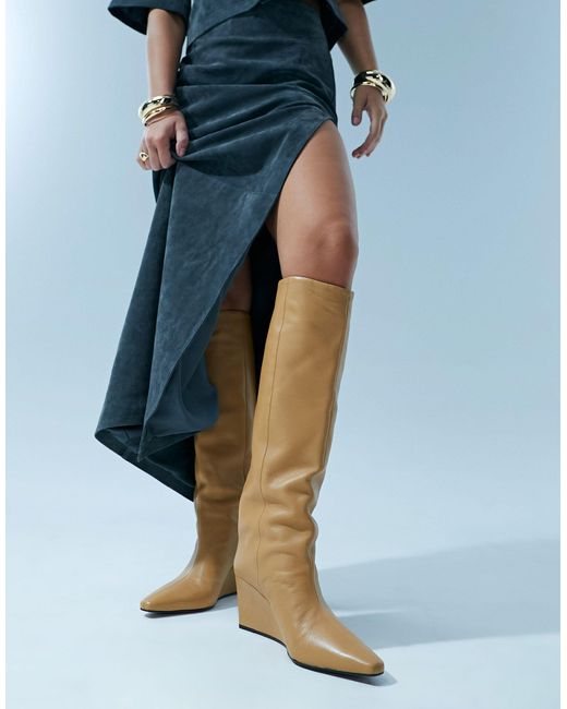 ASOS Blue Cali Premium Leather Wedge Knee Boots