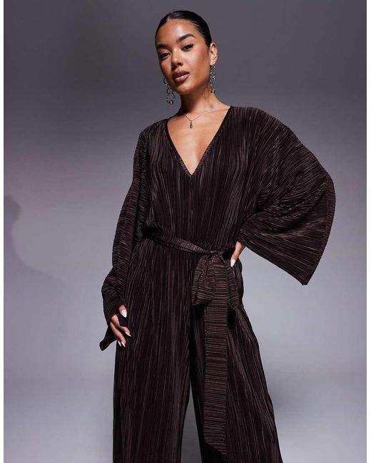 ASOS Blue Plisse V Front Tie Back Waist Wide Leg Jumpsuit