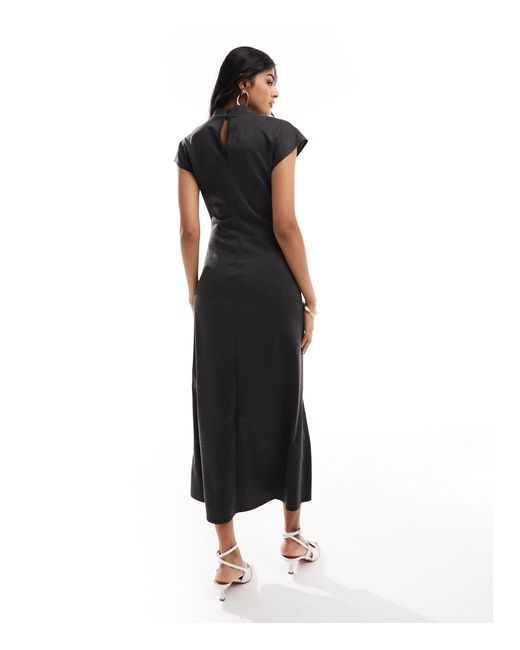 ASOS Black High Neck Midi Dress With Capped Sleeve & Seam Detail