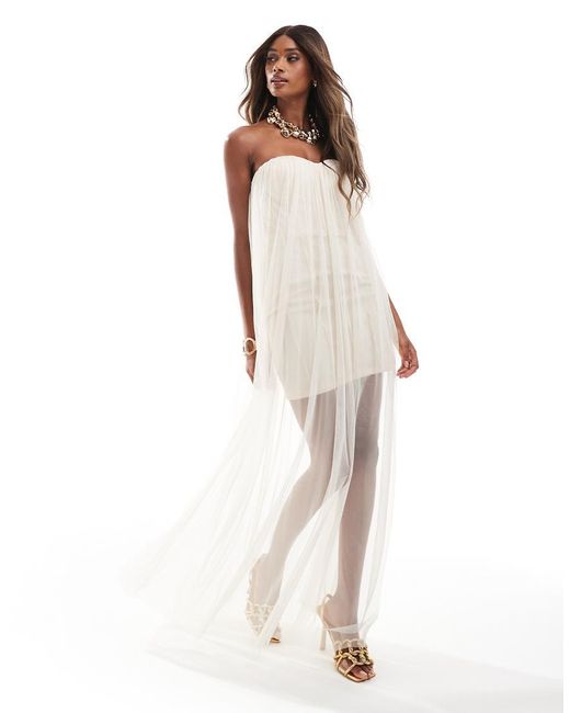 LACE & BEADS White Bandeau Tulle Maxi Dress