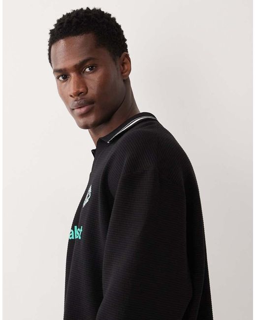 ASOS Black Relaxed Textured Rugby Polo Sweatshirt With Graphic for men