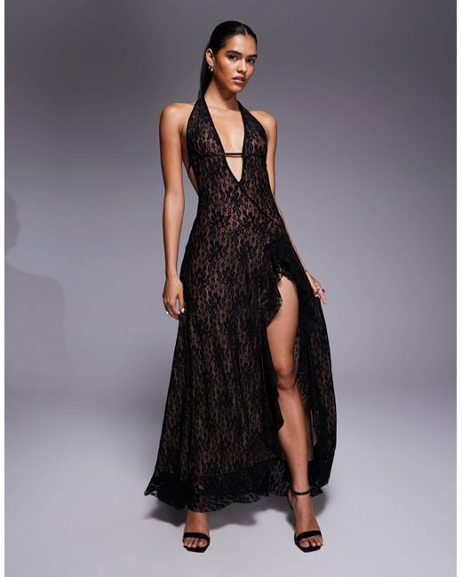 I.AM.GIA Black Irisia Lace Plunge Halterneck Backless Thigh Split Maxi Dress
