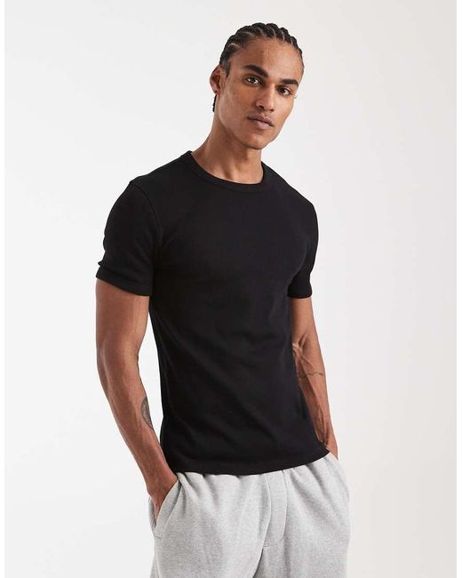 New Look Black Muscle Fit Ribbed T-shirt for men