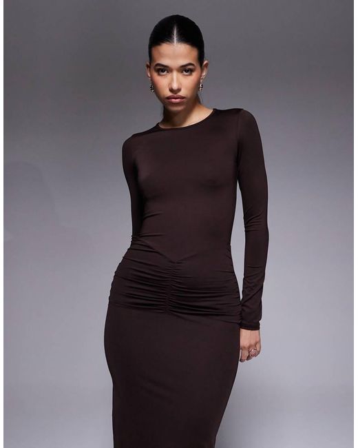 The Frolic Brown Exclusive Slinky Ruched Waist Detail Fishtail Maxi Dress