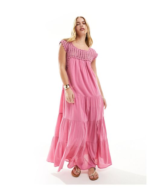 ASOS Pink Crochet Swing Tiered Maxi Dress