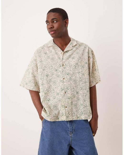 Chemise coupe carrée oversize aspect lin à fleurs avec col à revers - crème ASOS pour homme en coloris Natural