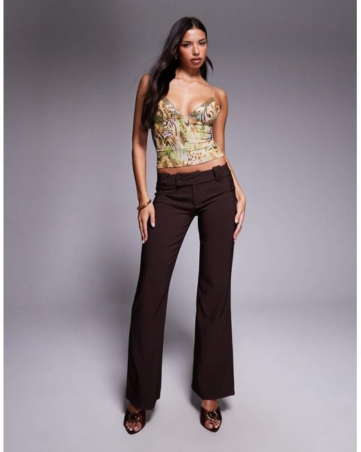 Tiger Mist Brown Kittie Low-waisted Tailored Button Detail Flared Pants