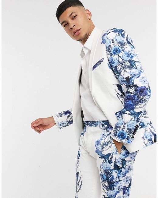 Twisted Tailor White Suit Jacket With Mirrored Blue Floral Print for men