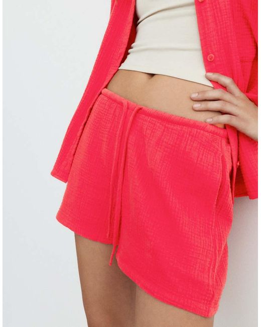 Pull&Bear Red Textu Cotton Shorts