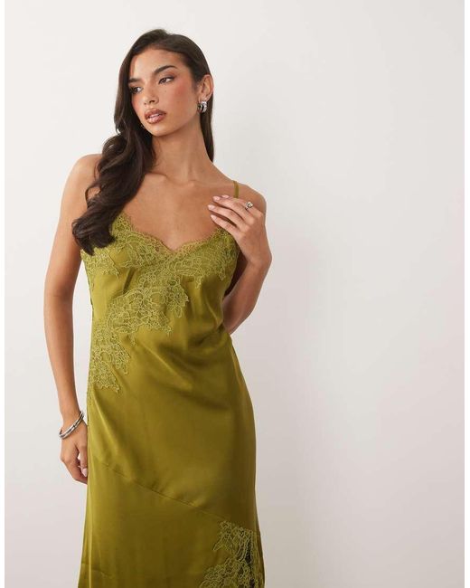 Nobody's Child Green Zaria Satin Lace Trim Split Front Cami Midaxi Dress