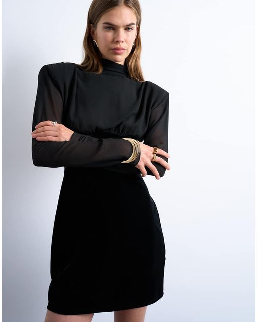 TOPSHOP Black Long Sleeve Velvet And Chiffon Mix Mini Dress With Shoulder Pads