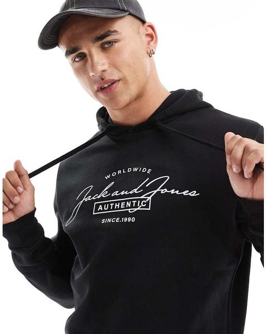 Jack & Jones Black Script Logo Hoodie for men