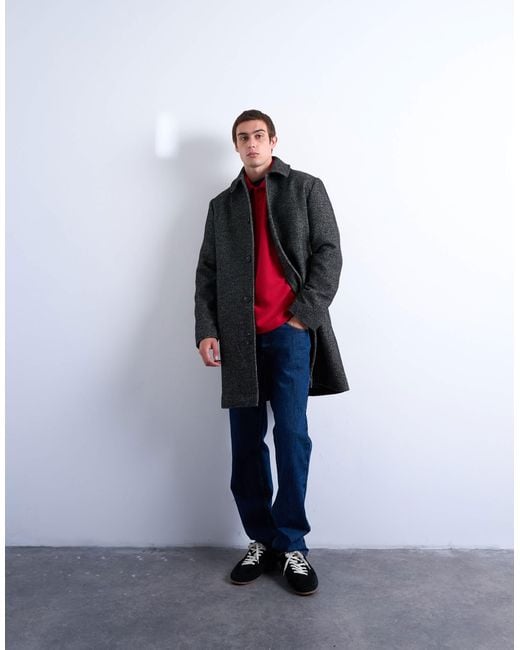 Topman Black Herringbone Wool Blend Overcoat for men