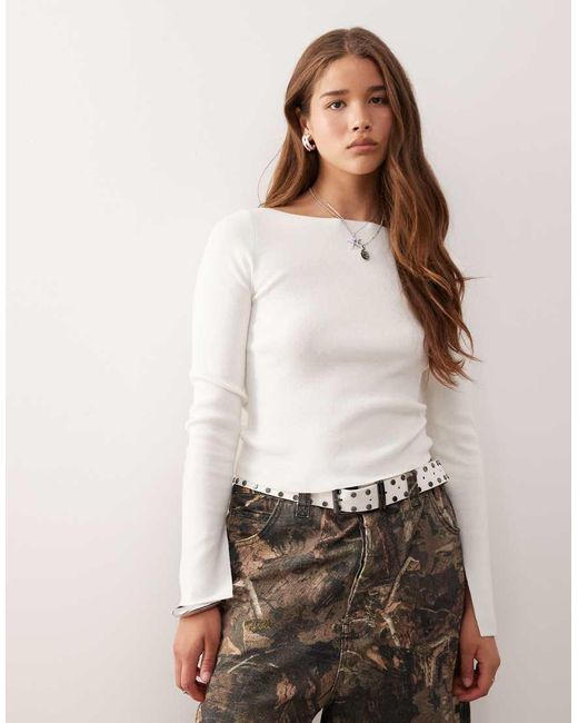Collusion White Knitted Slash Neck Long Sleeve Top