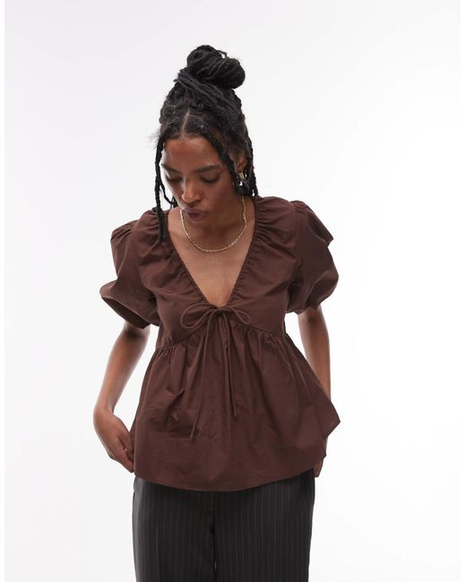 TOPSHOP Brown Poplin Puff Sleeve Top