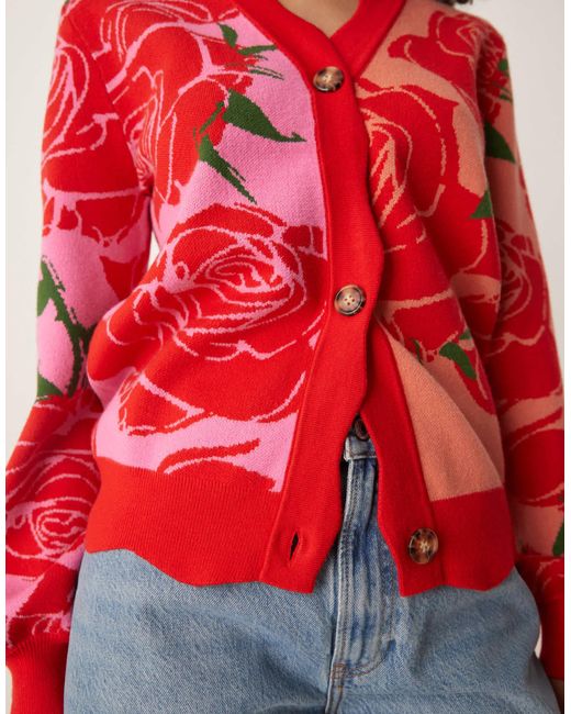 Never Fully Dressed Red Knitted Rose Contrast Cardigan