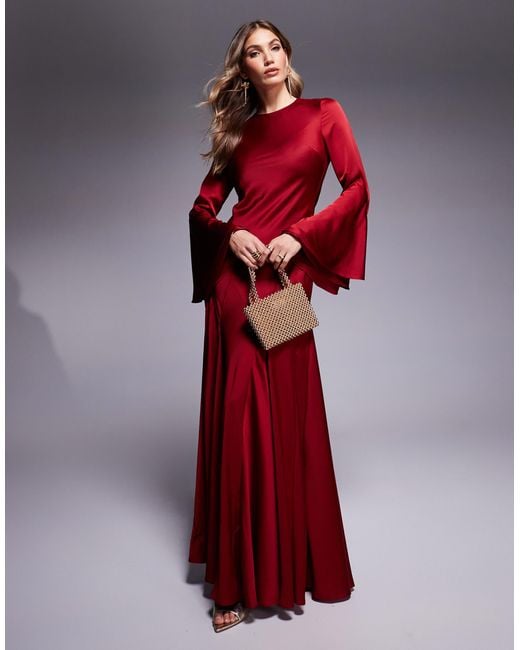 ASOS Red Long Sleeve Satin Maxi Dress With Full Skirt And Godets