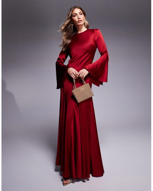 red satin maxi dress long sleeve ASOS Long Sleeve Satin Maxi Dress With Full Skirt And Godets in Red