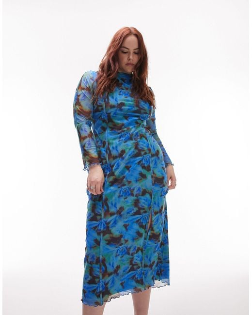 TOPSHOP Blue Curve Floral Printed Mesh Midi Dress