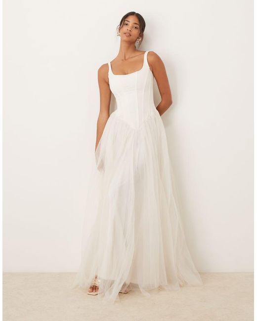LACE & BEADS Natural Corset Drop Hem Maxi Dress