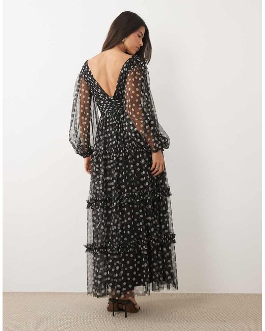 LACE & BEADS Multicolor Tulle Sheer Balloon Sleeve Plunge Neck Tiered Maxi Dress