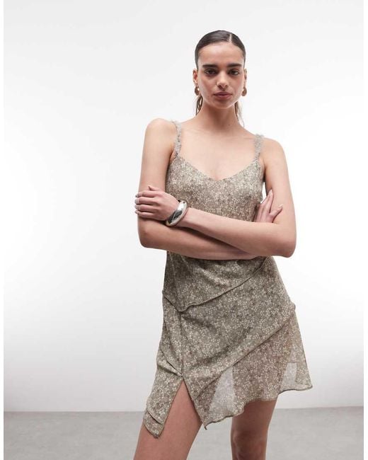Monki Natural Asymmetric Ruffle Chiffon Mini Dress