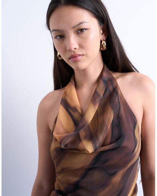 TOPSHOP Brown – neckholder-oberteil mit holzmaserung und wasserfallausschnitt