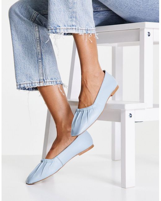TOPSHOP Blue Libby Ruched Flat Leather Shoe
