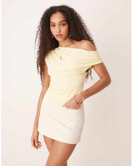 Gina Tricot Natural Slinky Jersey One Shoulder Ruched Twist Top