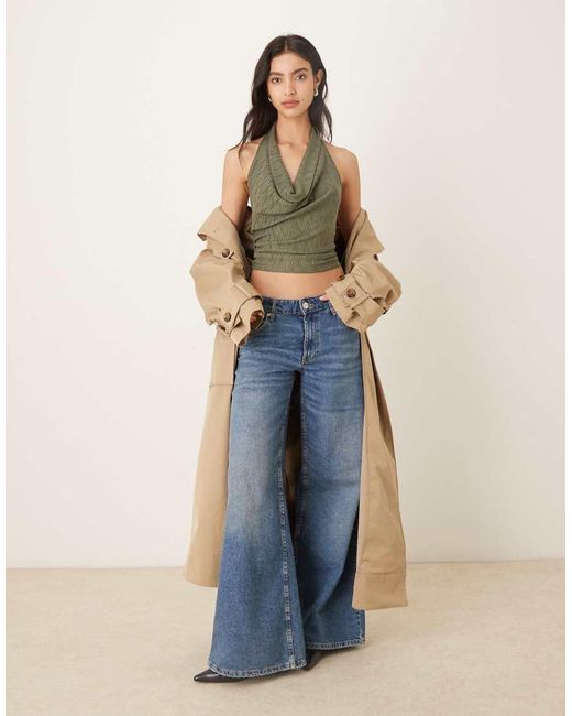Gina Tricot Green Pleated Textured Halterneck Top With Open Tie Up Back